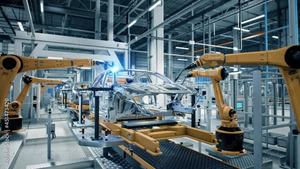 Aufkleber car factory 3d concept: automated robot arm assembly line manufacturing advanced high-tech green ene