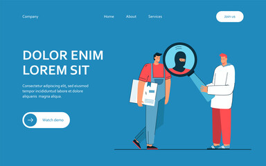 Man suspecting deliveryman in crime. Male character looking at courier suspiciously. Deliveryman holding cardboard box. Suspicion concept for banner, website design or landing web page