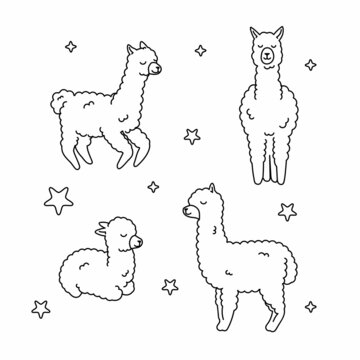 Vector set of characters. Illustration of south America cute lama with stars. Isolated outline cartoon baby llama. Hand drawn Peru animal guanaco, alpaca, vicuna. Drawing for print, fabric. Coloring 