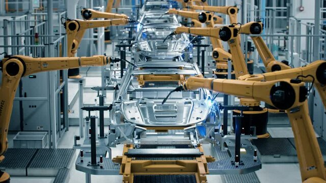 Car Factory 3D Concept: Automated Robot Arm Assembly Line Manufacturing High-Tech Green Energy Electric Vehicles. Automatic Construction, Building, Welding Industrial Production Conveyor. Front View
