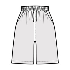 Active Shorts Sport training technical fashion illustration with elastic normal waist, Drawcord, pockets, Relaxed fit, mid-thigh length. Flat bottom template front, grey color. Women men unisex mockup