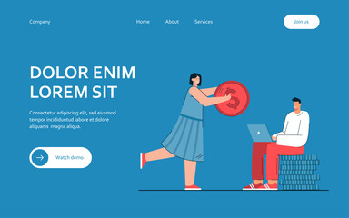 Young woman providing financial support to man with computer. Cartoon freelancer working on laptop and sitting on money pile while girl giving him gold coin. Finance, family, money, freelance concept