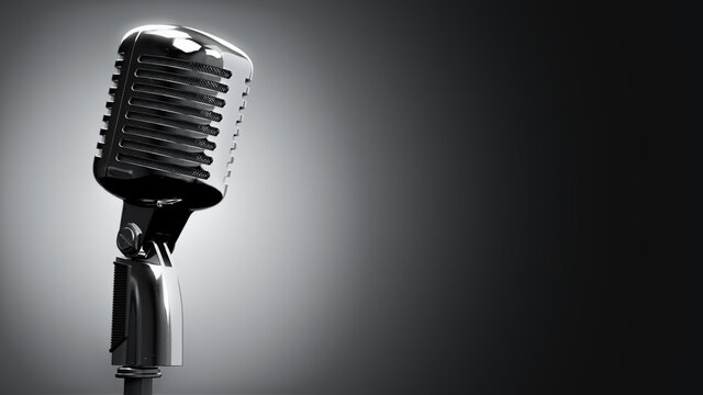 Vintage microphone, Pictures of an old Chrome color microphone on white background, 3d Illustration, Render
