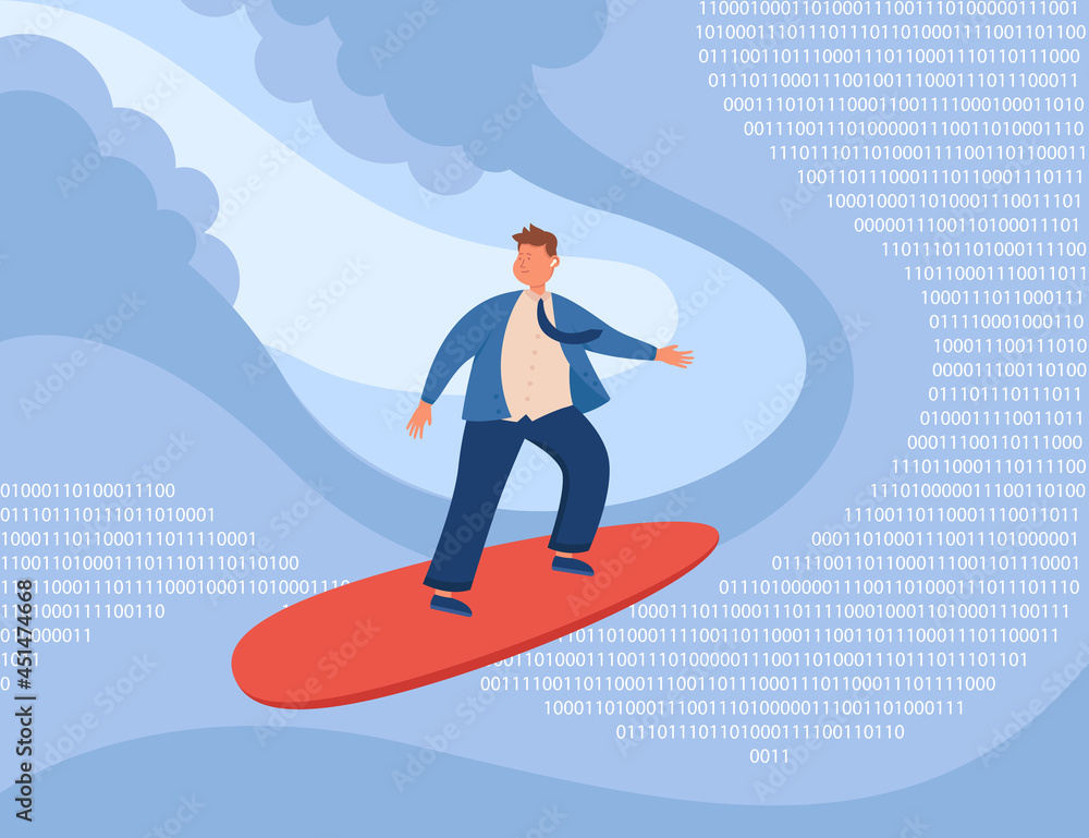 Poster cartoon businessman surfing on waves of binary numbers. man exploring digital world full of computer