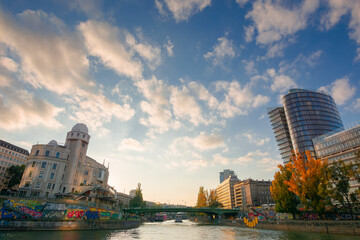 vienna, austria - OCT 17, 2019: cityscape of vienna with danube channel. beautiful urban scenery in...