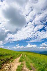 mountain landscape on a sunny day. trail through grassy meadow. beautiful travel scenery. ridge in the distance beneath a blue sky with stunning cloudscape.