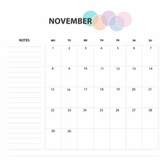 2021 November calendar or desk planner, organizer.