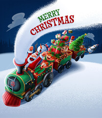 christmas illustration with santa claus elves reindeer and nutcracker snowman carrying gifts on train - 451475054