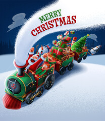 christmas illustration with santa claus elves reindeer and nutcracker snowman carrying gifts on train