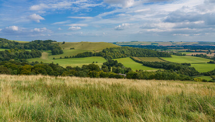 Fototapeta na wymiar beautiful scenery overlooking the village of Oare from the South facing edge of the Marlborough Downs, adjacent to Pewsey Vale, Wiltshire AONB 