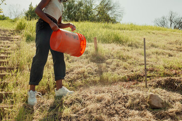 Person spreading compost in a urban garden