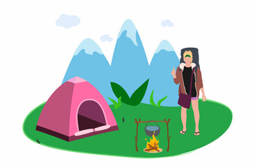 flat illustration of summer camping with a girl staying next to a pink tent, campfire site and pot