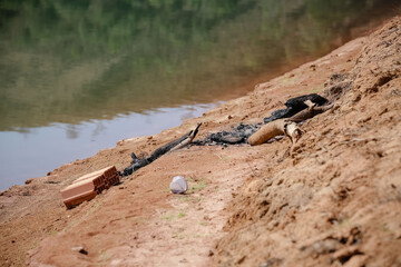 View of the dam in low water level water crisis.
