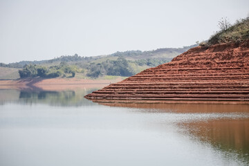 View of the dam in low water level water crisis.
