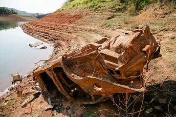 View of the dam in low water level water crisis.
