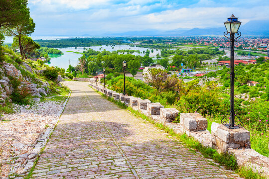 Shkoder town aerial panoramic view, Albania