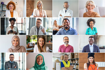 Fototapeta na wymiar Many happy diverse ethnicity different young and old people group headshots in collage mosaic collection. Lot of smiling multicultural faces looking at camera. Human resource society database concept.