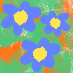 Blue and yellow painted flowers on the  Colourful bright painted pastel background 