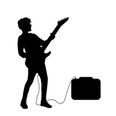 Silhouette young guitarist plays on the electric guitar