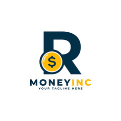 Obraz premium Cash Logo. Letter R with Coin Money Logo Design Template