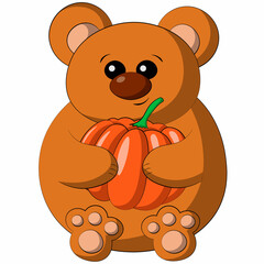 Cute cartoon Bear with Pumpkin. Draw illustration in color