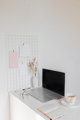 Aesthetic minimalist home office desk workspace on white background. Business, work concept for blog, website, social media.