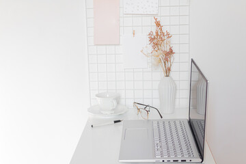 Aesthetic minimalist home office desk workspace on white background. Business, work concept for...