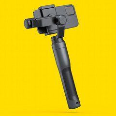 Realistic smartphone with blank white screen and selfie stick isolated on yellow