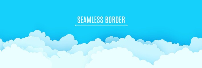 Seamless border of blue sky and white clouds in paper cut style. 3d papercut background with top view cloudy sky. Simple weather layered banner. Vector card illustration of cloudscape pastel colors.