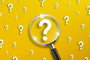 Magnifying glass and question mark on yellow background