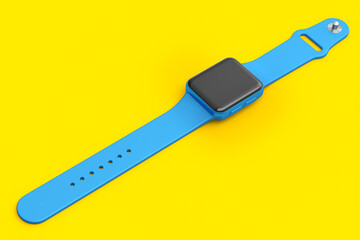 Stainless silver smart watch or fitness tracker isolated on yellow background.