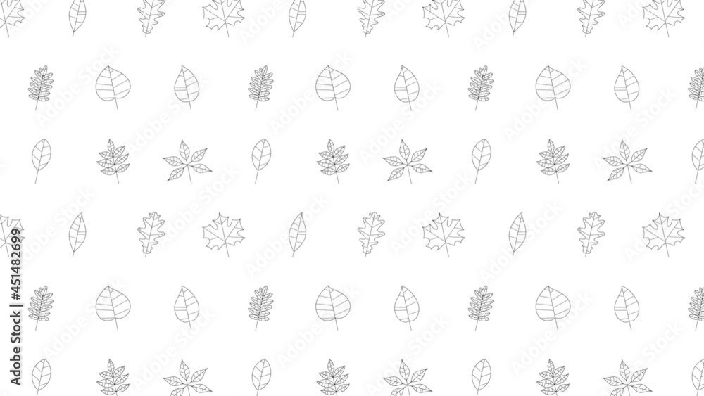 Poster different tree leaves black thin line icons on a white background. seamless loop motion graphic patt