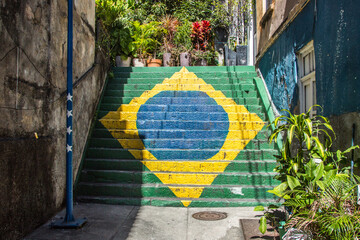 Brazil flag painted on a ladder on the hill of the Conception in the center of Rio de Janeiro,...
