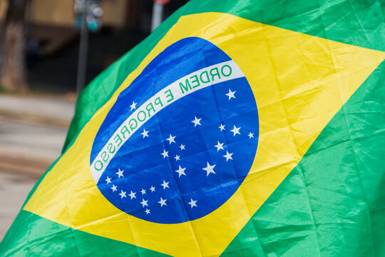 Brazil Flag Upside Down Outdoors In Rio De Janeiro.