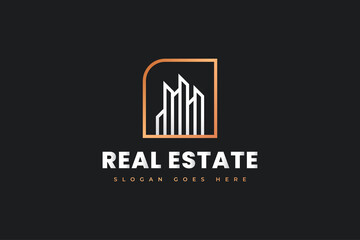 Real Estate Logo Design in White and Gold with Minimalist Concept. Construction, Architecture or Building Logo Design