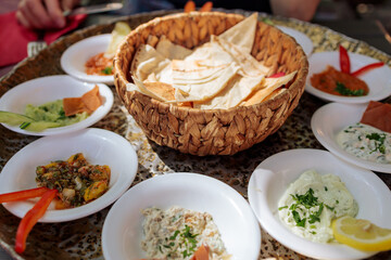 Arabic starter plate with pita bread