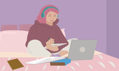 teen girl happy girl school student wear headphones hipster with pink hair write notes watch video web online learn on laptop books notes sit on bed video conference study remotely the bedroom at home