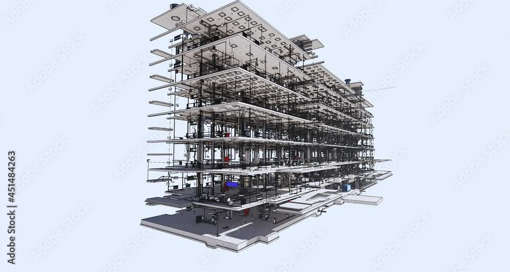 Poster conceptual visualization the bim model supporting frame and utilities of the building