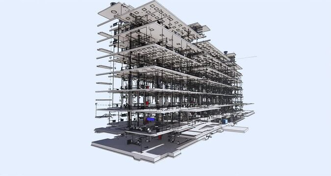 Conceptual visualization the BIM model supporting frame and utilities of the building