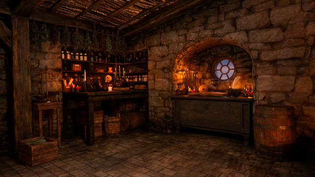 3D rendering of a fantasy witch or sorcerer's cottage interior lit by candles with magic potions and spells.