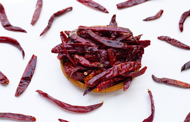 Dried red chili pepper on white background.