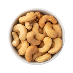 Cashew nuts in a bowl isolated over white background