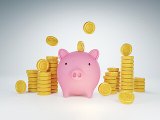 Pink pig piggy bank 3D render with gold coins US money. on a white background