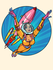 A girl astronaut is flying with a space rocket. Science fiction © studiostoks