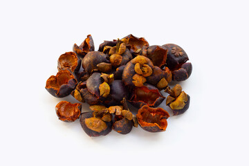 Dried mangosteen peel on white background.