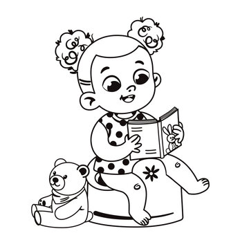 Black and white cute little girl potty training and reading a book. Vector illustration.