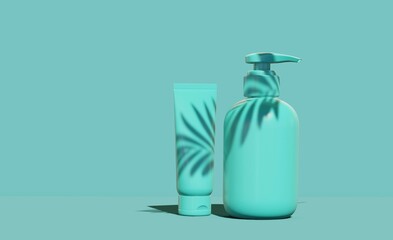 Design of natural cosmetic cream, serum, skincare empty bottles packaging. bio organic product. beauty and spa concept. Abstract soft background. Mockup with leaves silhouette, 3d illustration. 