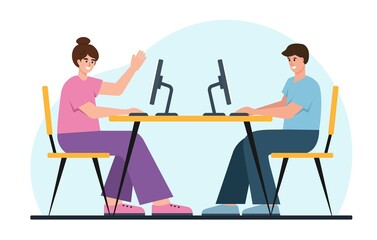 Business man and woman working togeter in office.