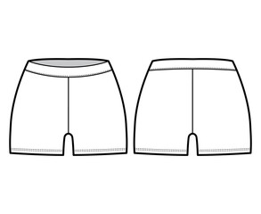 Bike shorts technical fashion illustration with low waist, rise, micro length. Flat sport training pants, casual knit trousers apparel template front back white color. Women men unisex CAD mockup