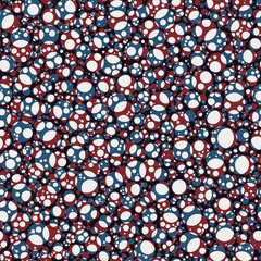 Seamless red and blue overlay circles and shapes pattern for surface print. High quality illustration. Simple minimalistic geometric deco design resembling bubbles or balloons. Contemporary modern art